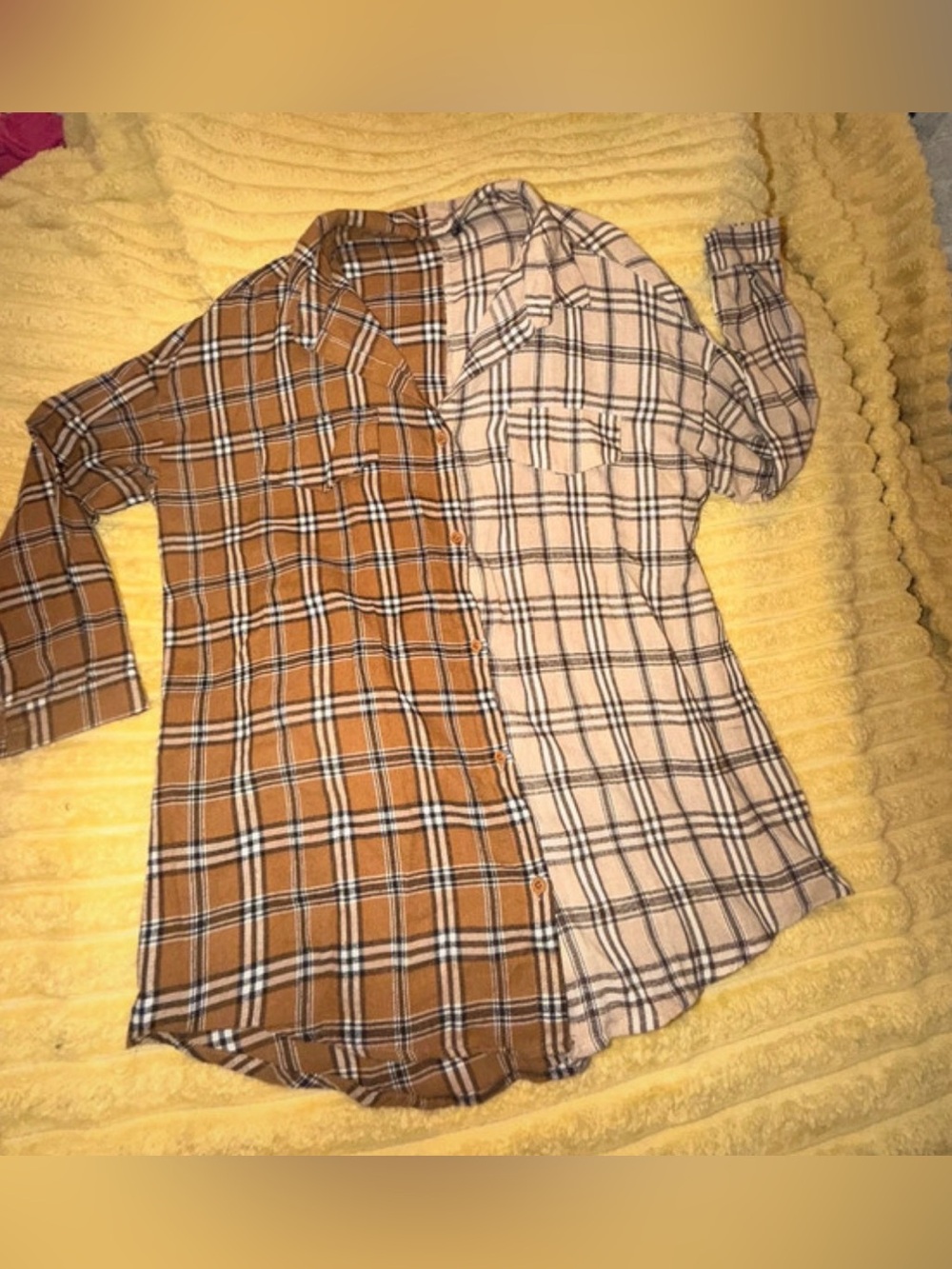 Nasty Gal Reversible-Look Plaid Button-Up Shirt - Brown & Cream 6 small medium